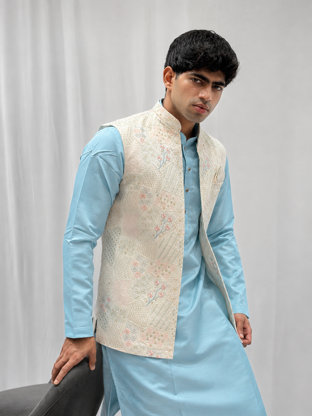 Sky Blue Embroidered Nehru Jacket Kurta Set