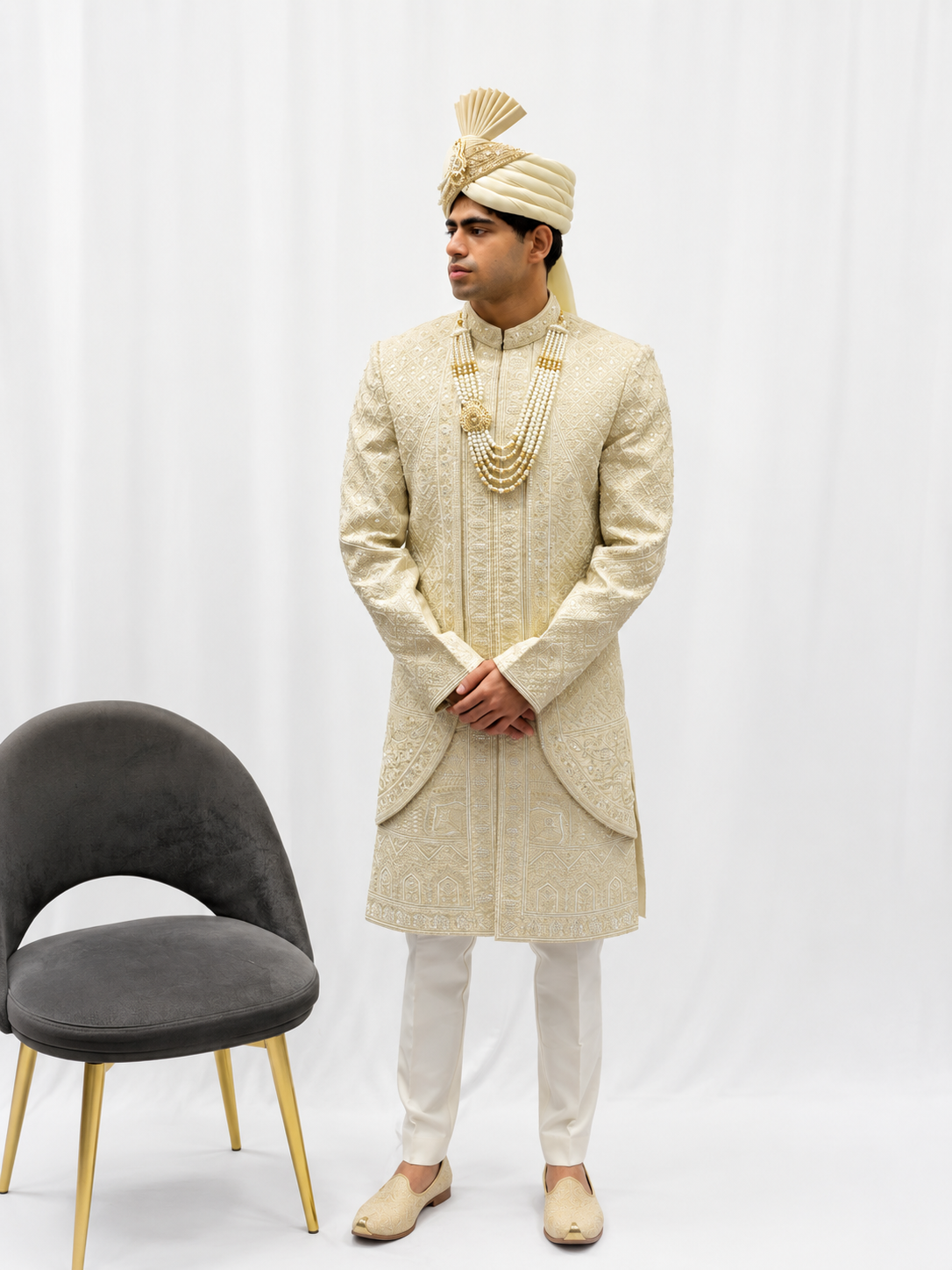 Royal Ivory Embroidered Sherwani Set with Safa