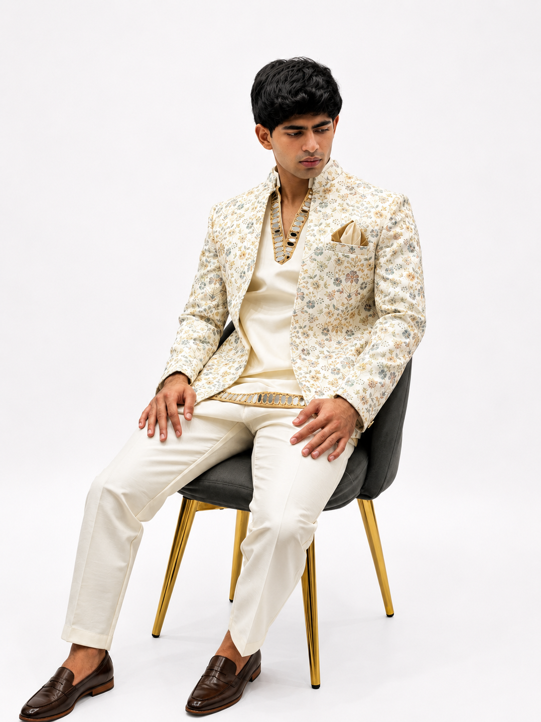 Ivory Floral Printed Jodhpuri Jacket set