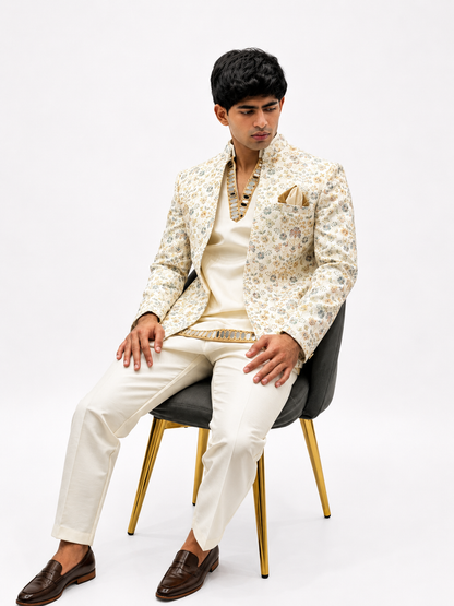 Ivory Floral Printed Jodhpuri Jacket set