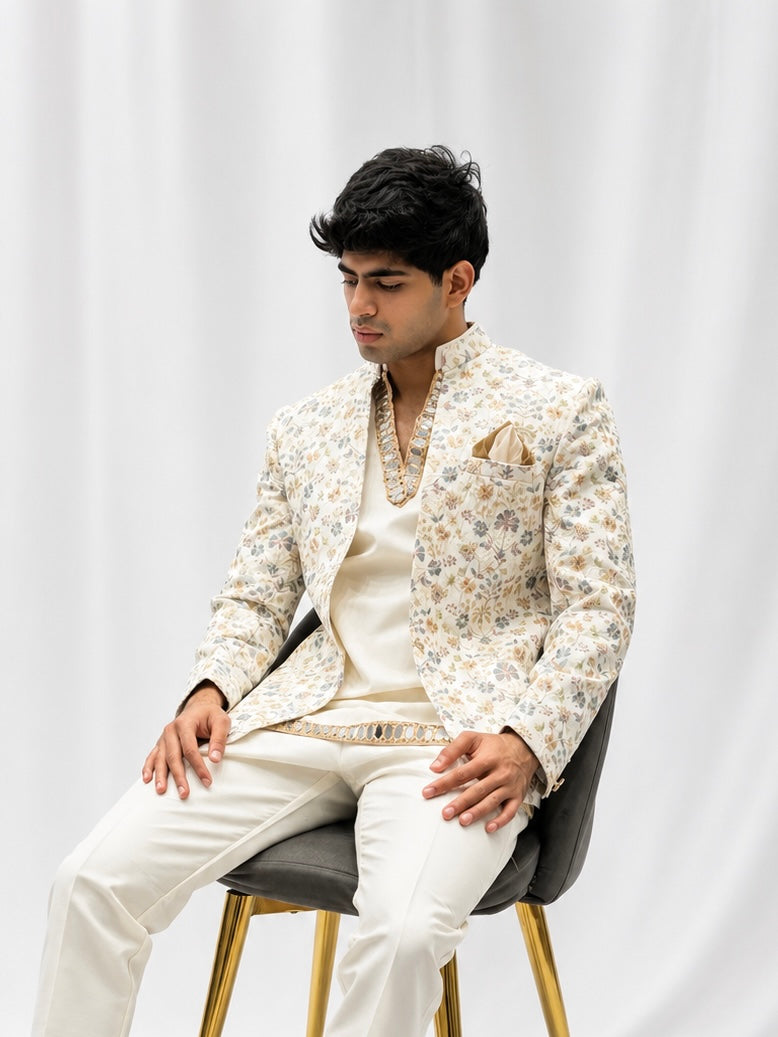 Ivory Floral Printed Jodhpuri Jacket set