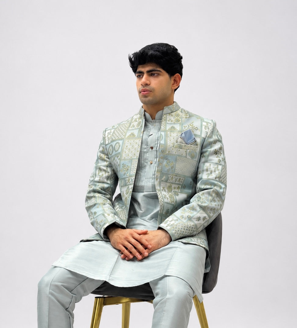 Mint Green Designer Indo-Western Jacket Kurta Set