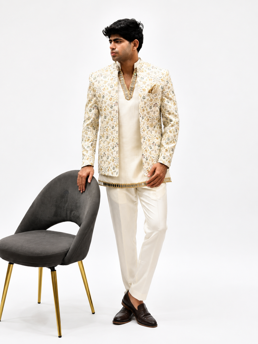 Ivory Floral Printed Jodhpuri Jacket set