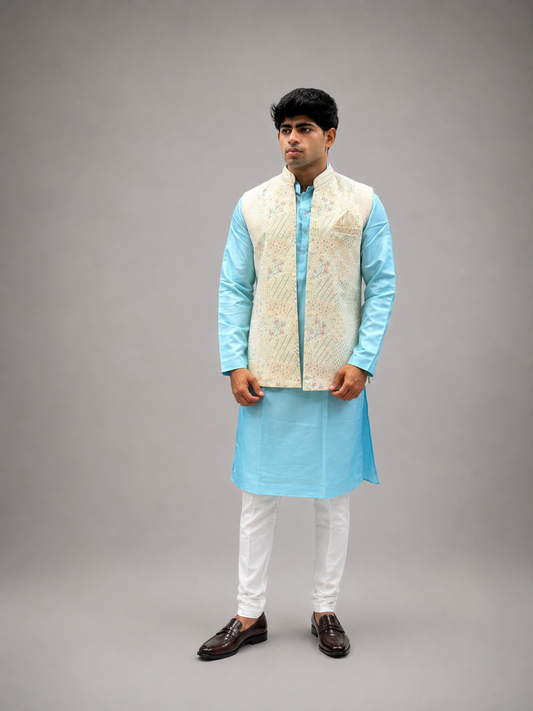 Sky Blue Kurta, White Trouser & Off-White Embroidered Nehru Jacket Set