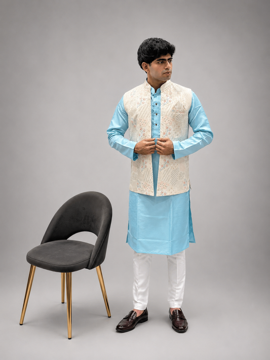 Sky Blue Kurta, White Trouser & Off-White Embroidered Nehru Jacket Set