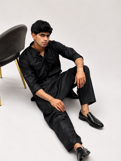 Classic Black Cotton Pathani Suit
