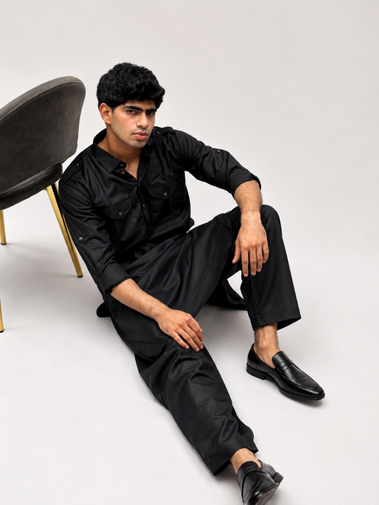 Classic Black Cotton Pathani Suit