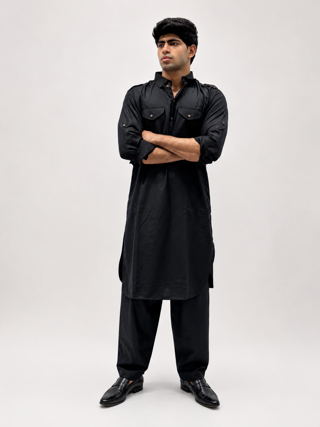 Classic Black Cotton Pathani Suit