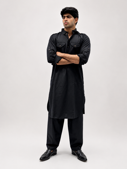Classic Black Cotton Pathani Suit