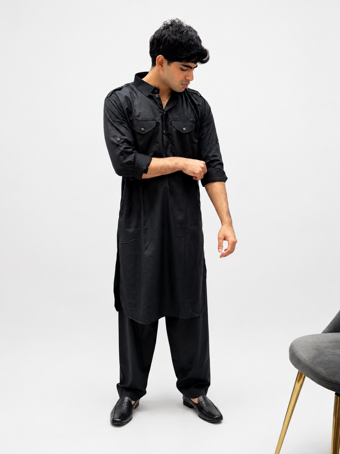 Classic Black Cotton Pathani Suit