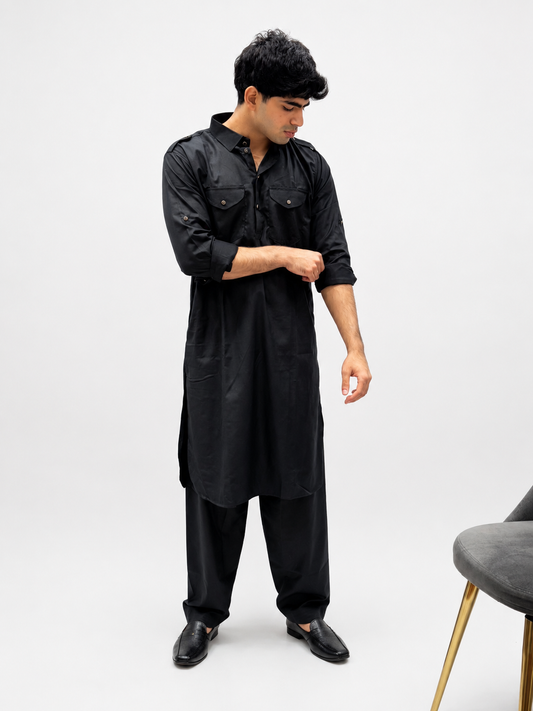Classic Black Cotton Pathani Suit