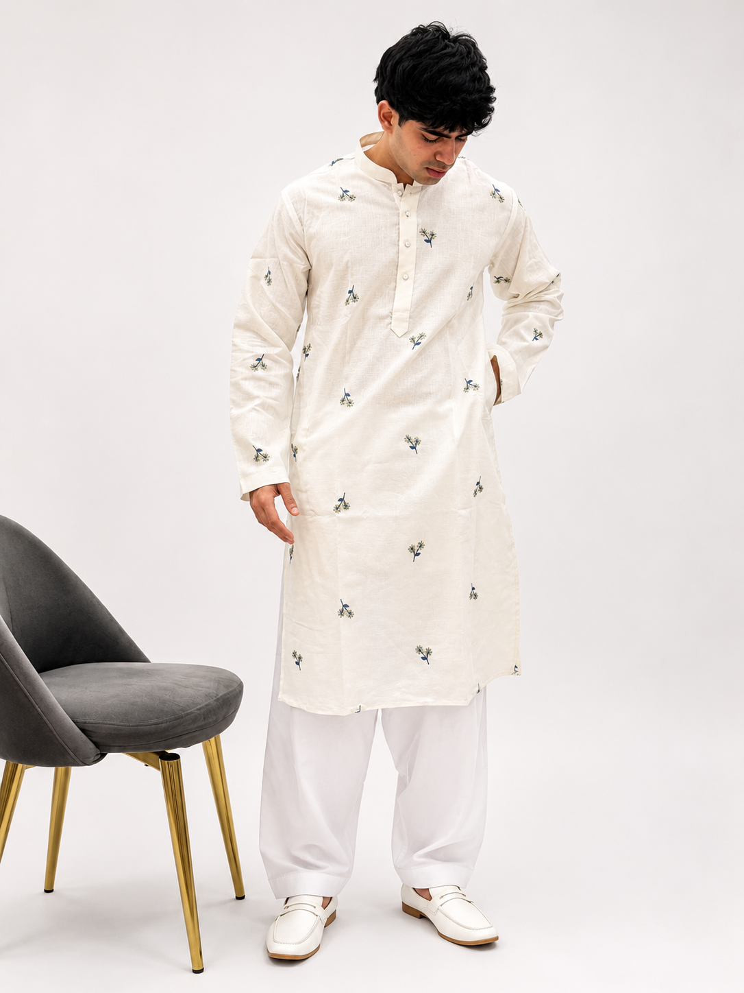 Ivory Floral Embroidered Linen Kurta Set for Men