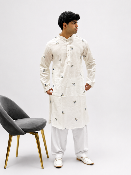 Ivory Floral Embroidered Linen Kurta Set for Men