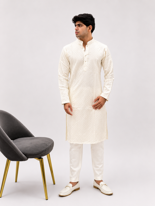 Ivory Self-Textured Premium Kurta Set for Men
