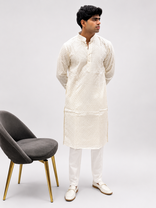 Ivory Self-Textured Premium Kurta Set for Men