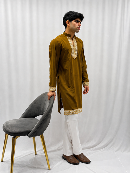 Dark Brown V-Neck Armani Kurta Set with Embroidered Neckline