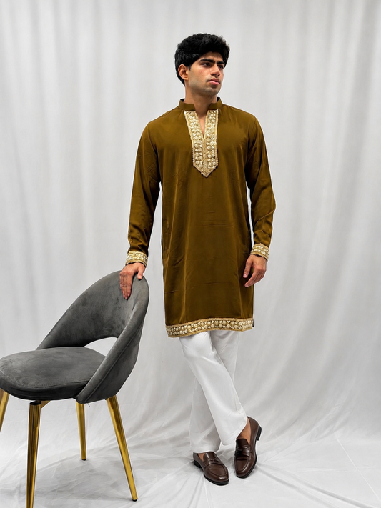 Dark Brown V-Neck Armani Kurta Set with Embroidered Neckline
