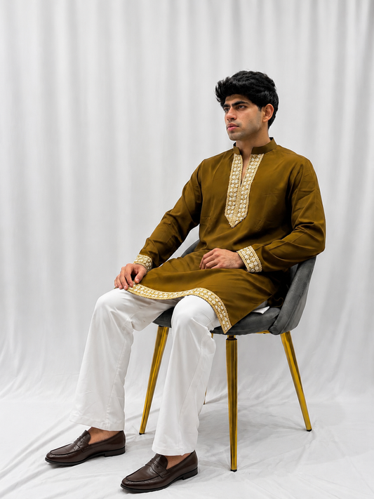 Dark Brown V-Neck Armani Kurta Set with Embroidered Neckline