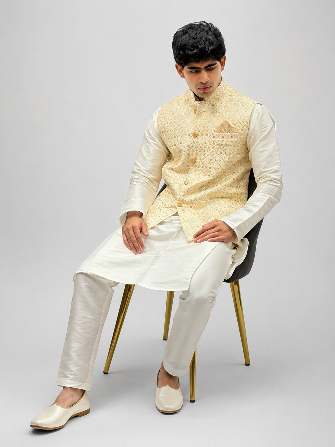 Cream Kurta & Gold Embroidered Nehru Jacket Set