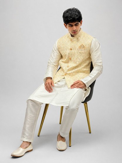 Cream Kurta & Gold Embroidered Nehru Jacket Set