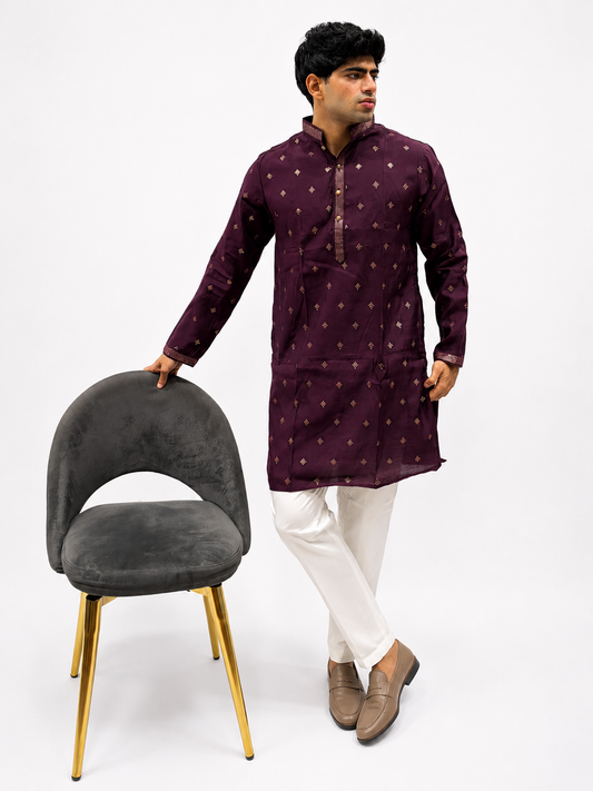 Wine Embroidery Kurta Set