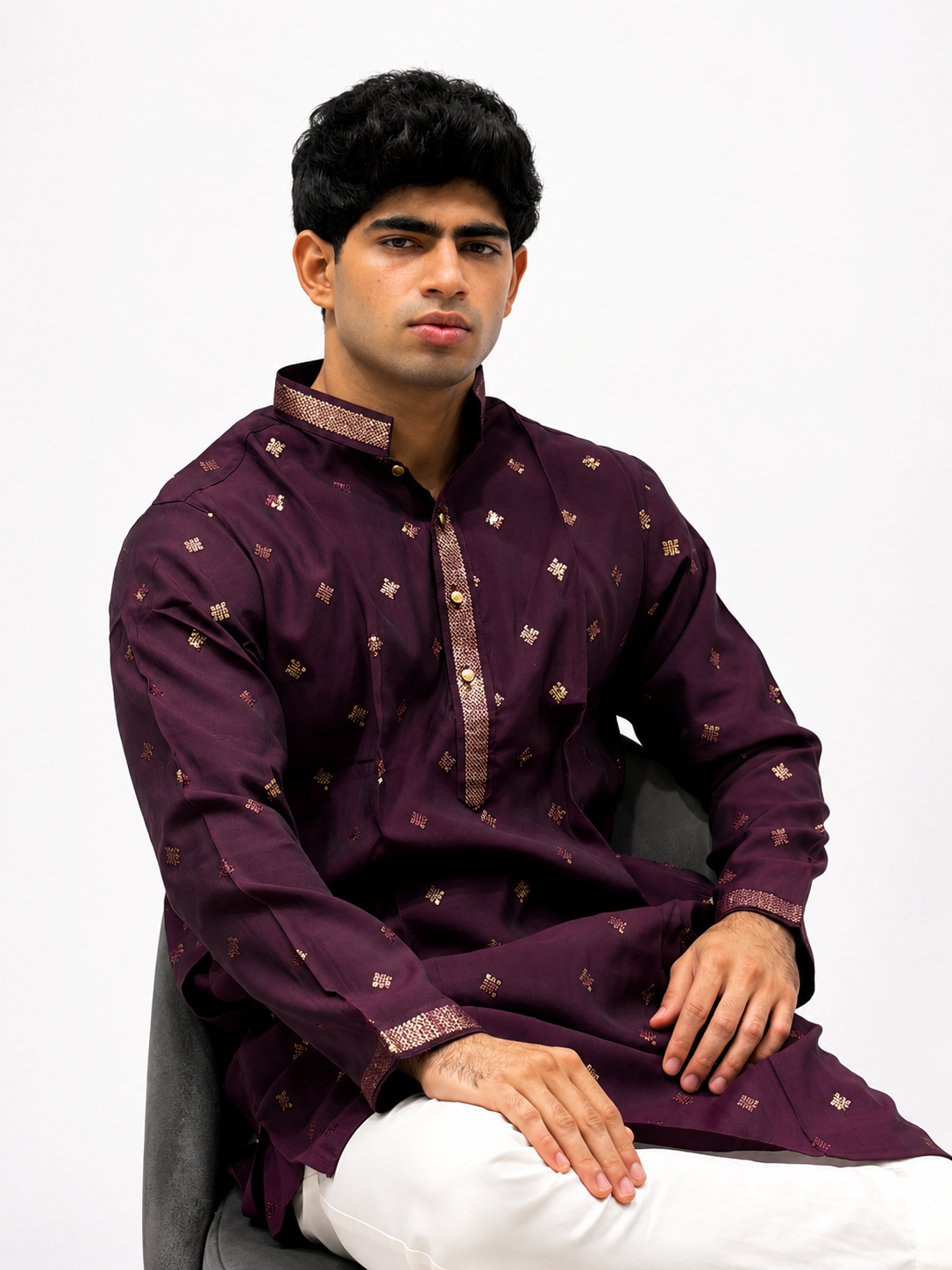 Wine Embroidery Kurta Set