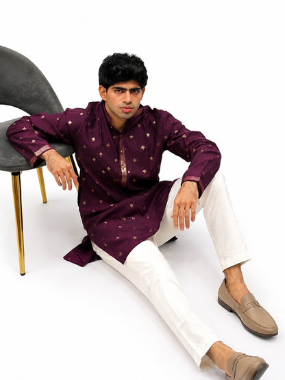 Wine Embroidery Kurta Set