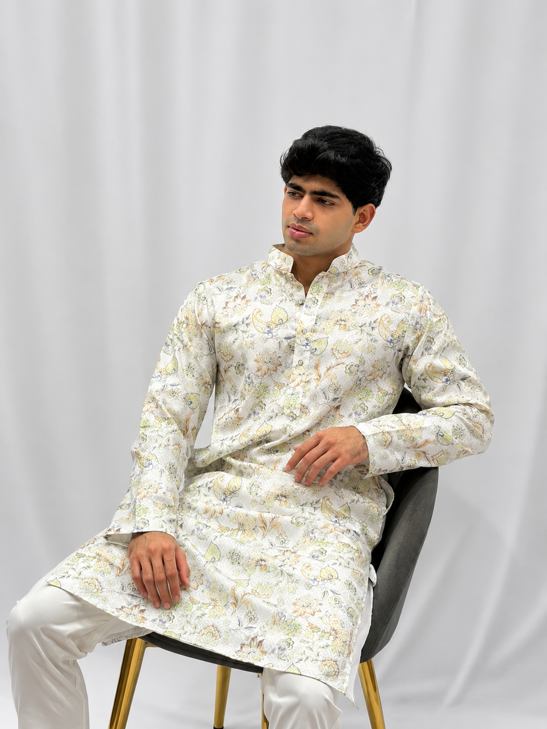 White Floral Printed  Kurta Set