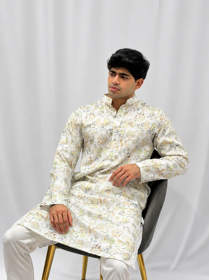White Floral Printed  Kurta Set