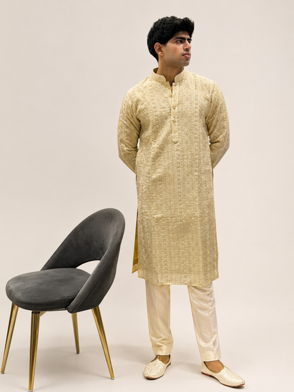 Ivory Gold Silk Embroidered Kurta Set