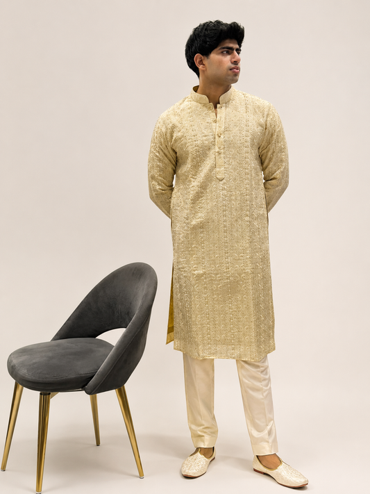 Ivory Gold Silk Embroidered Kurta Set
