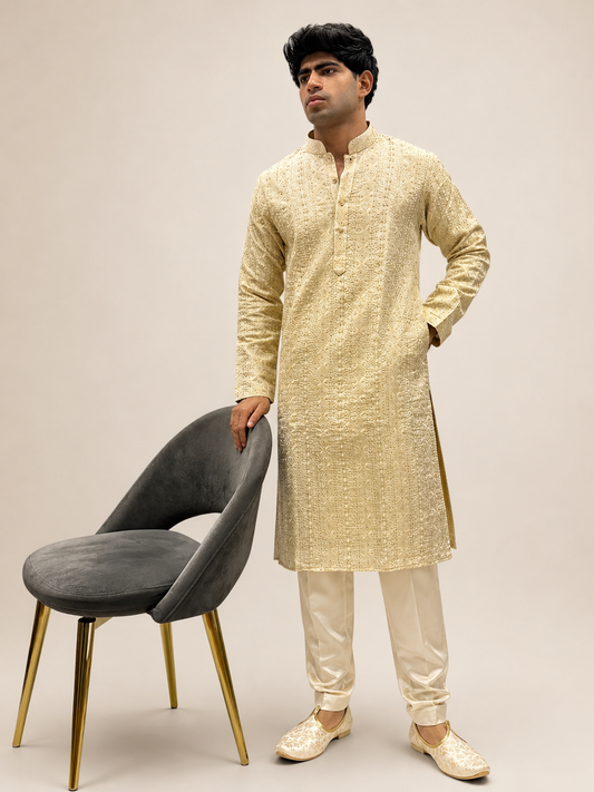 Ivory Gold Silk Embroidered Kurta Set
