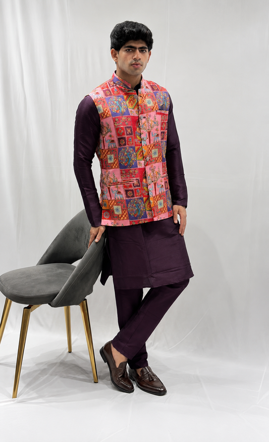 Purple Kurta & Pink Embroidered Nehru Jacket Set