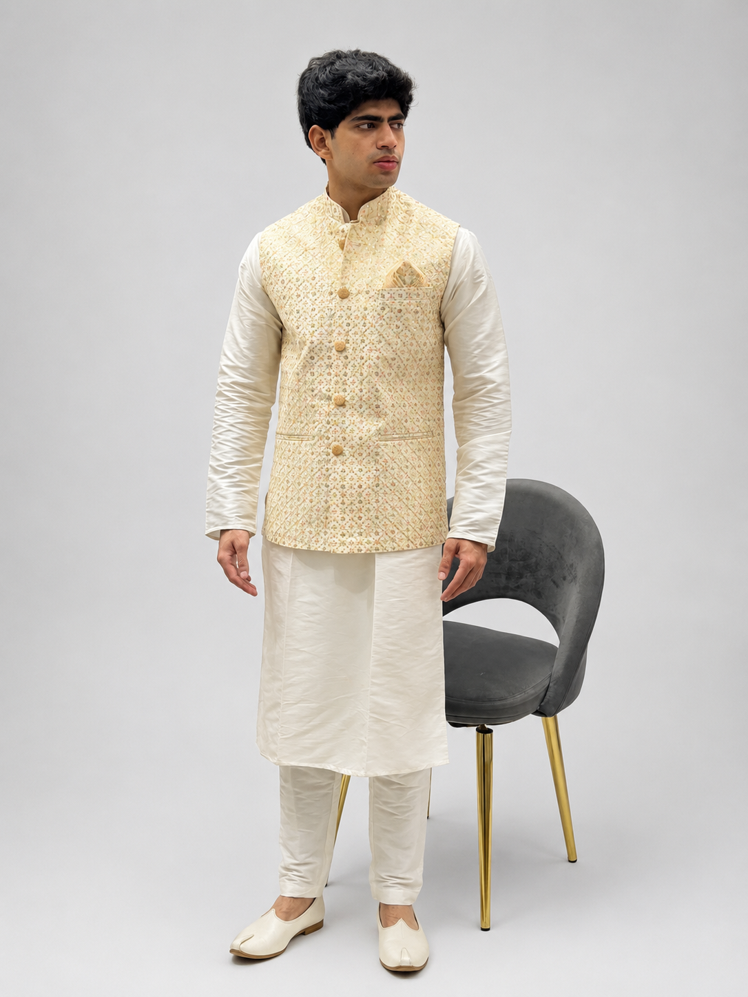 Cream Kurta & Gold Embroidered Nehru Jacket Set