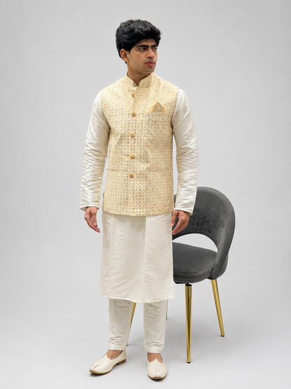 Cream Kurta & Gold Embroidered Nehru Jacket Set