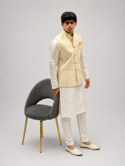 Cream Kurta & Gold Embroidered Nehru Jacket Set
