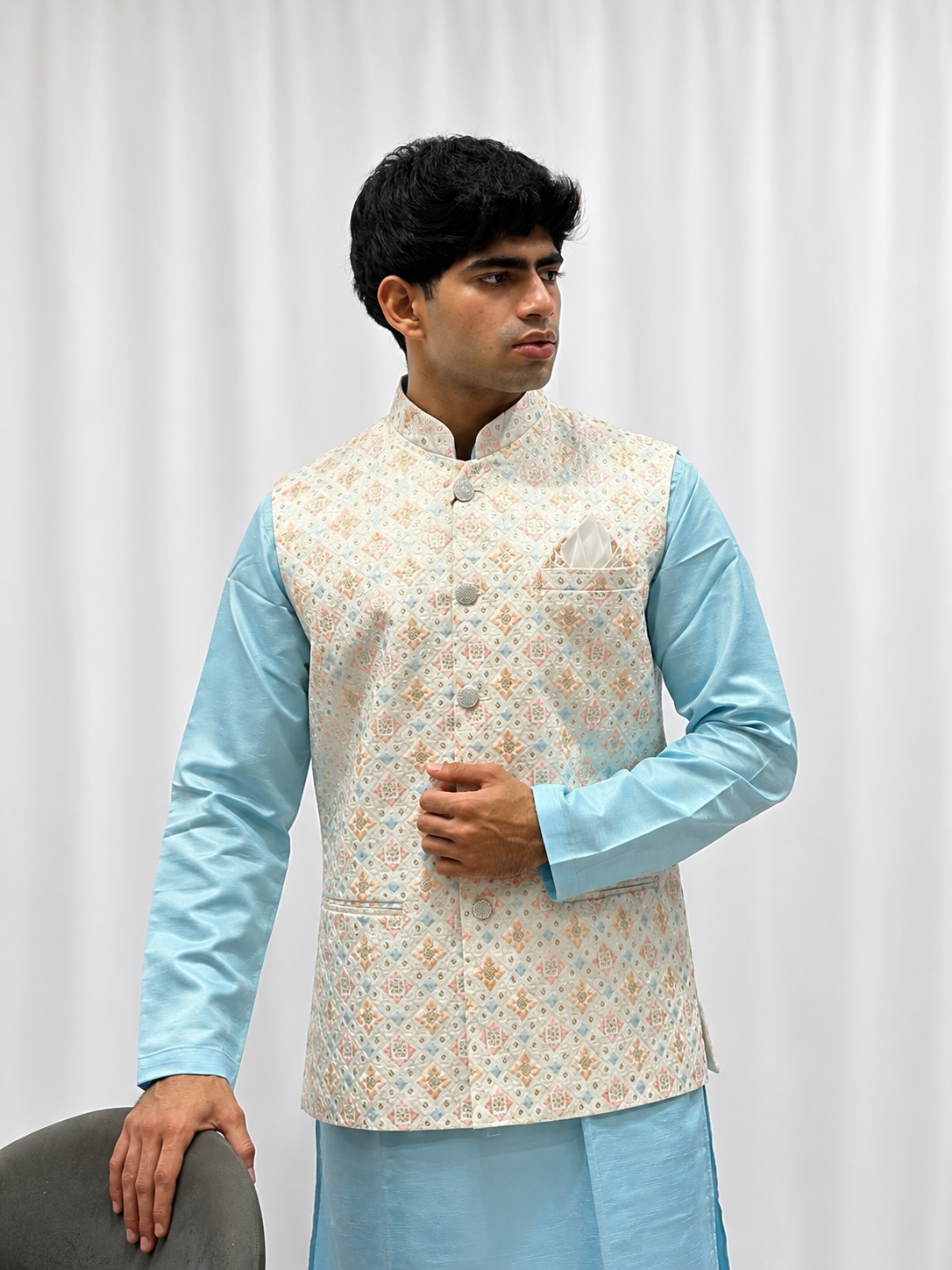 Sky Blue Embroidered Nehru Jacket Kurta Set