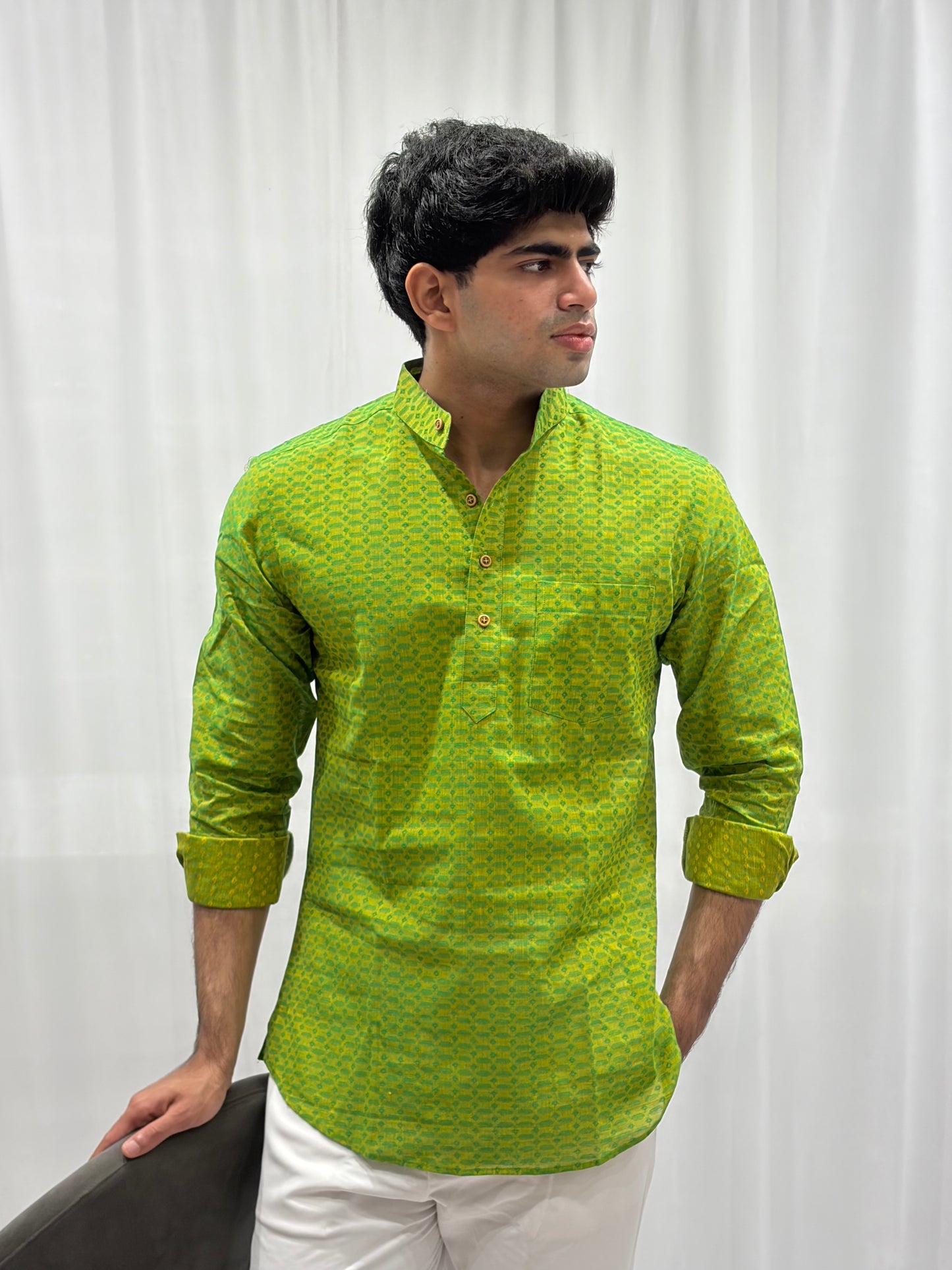 Green Cotton Linen Short Kurta – Pattern 2