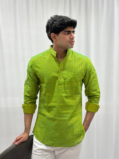 Green Cotton Linen Short Kurta – Pattern 2
