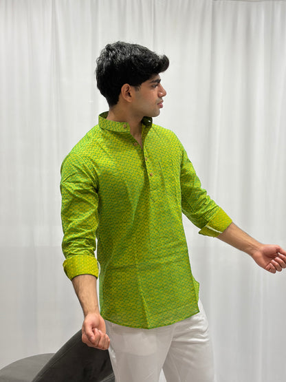 Green Cotton Linen Short Kurta – Pattern 2