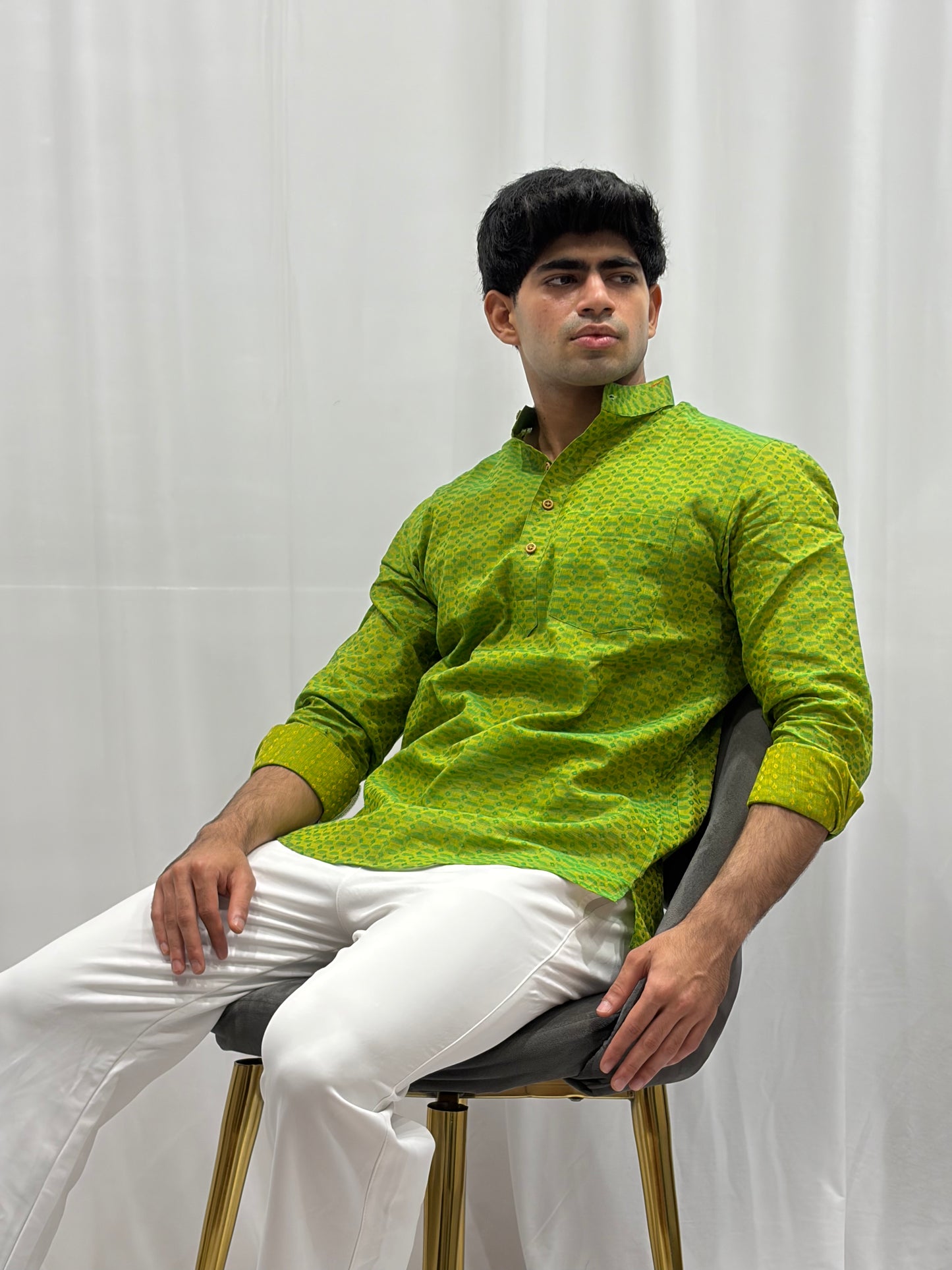 Green Cotton Linen Short Kurta – Pattern 2