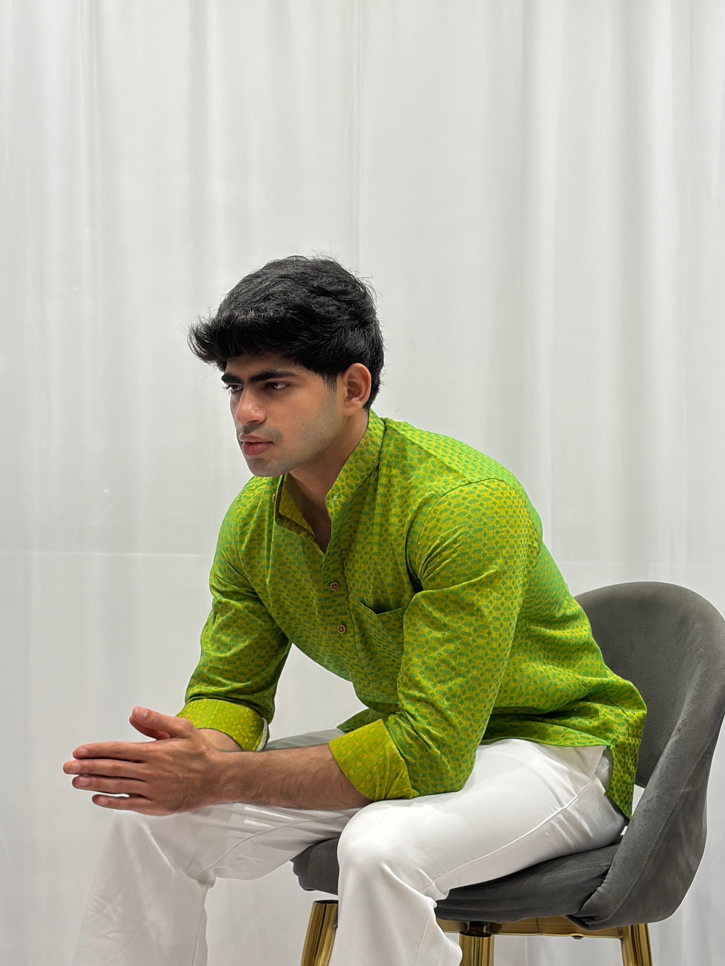 Green Cotton Linen Short Kurta – Pattern 2