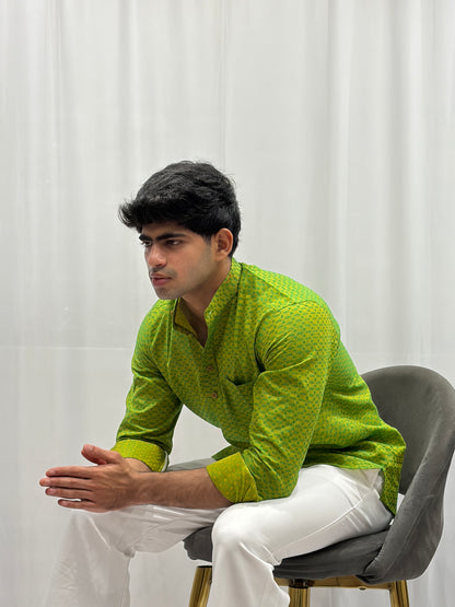 Green Cotton Linen Short Kurta – Pattern 2