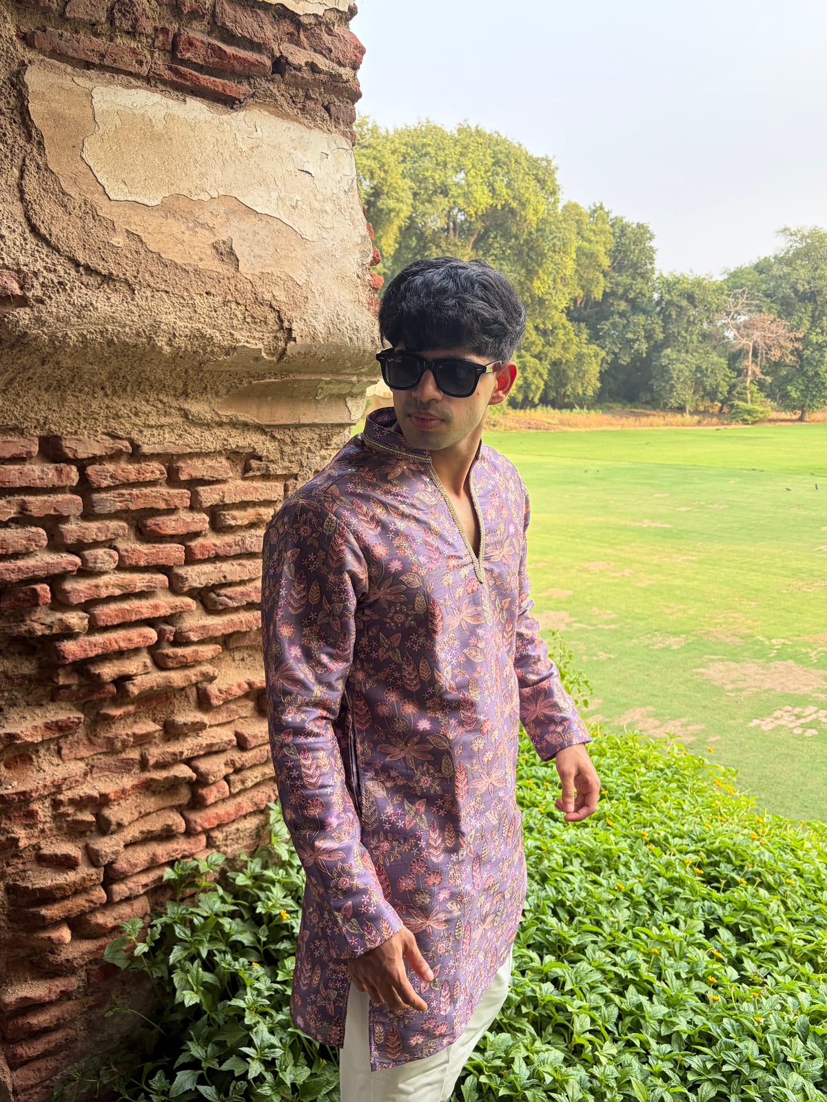 Mauve Floral Printed Men's Kurta