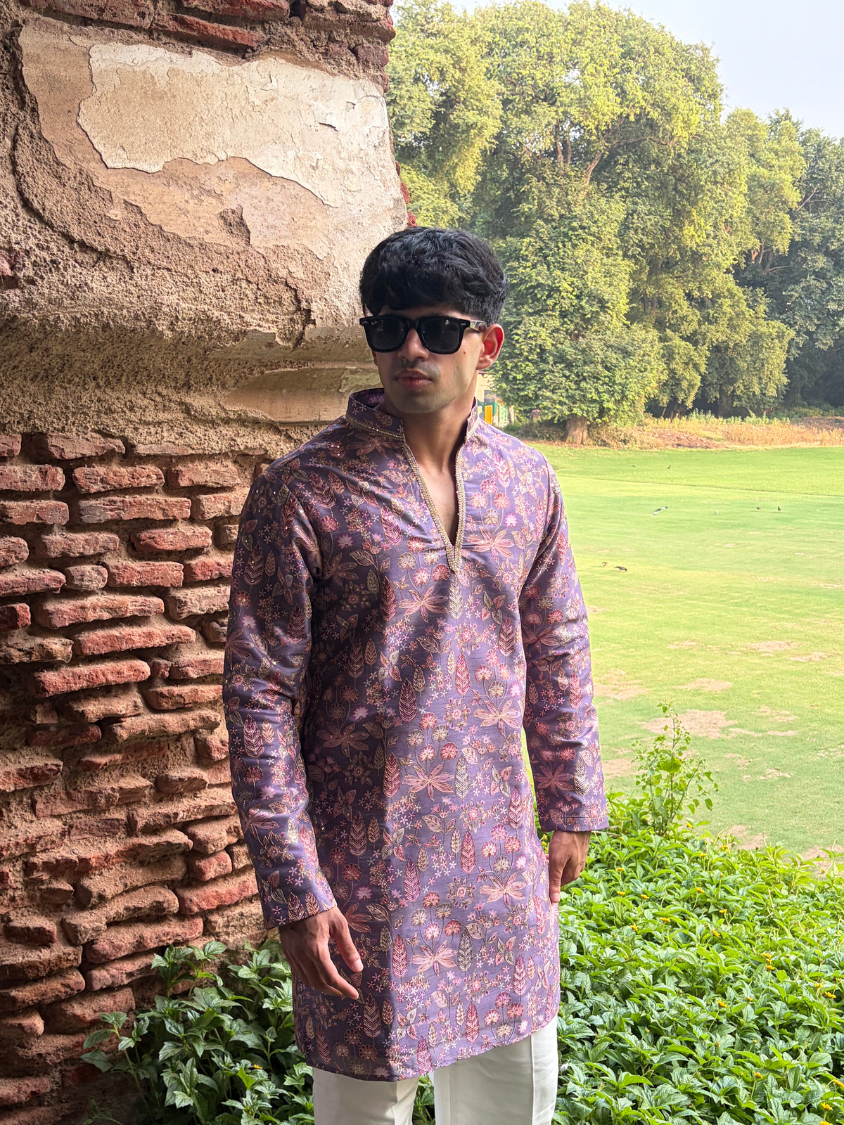 Mauve Floral Printed Men's Kurta