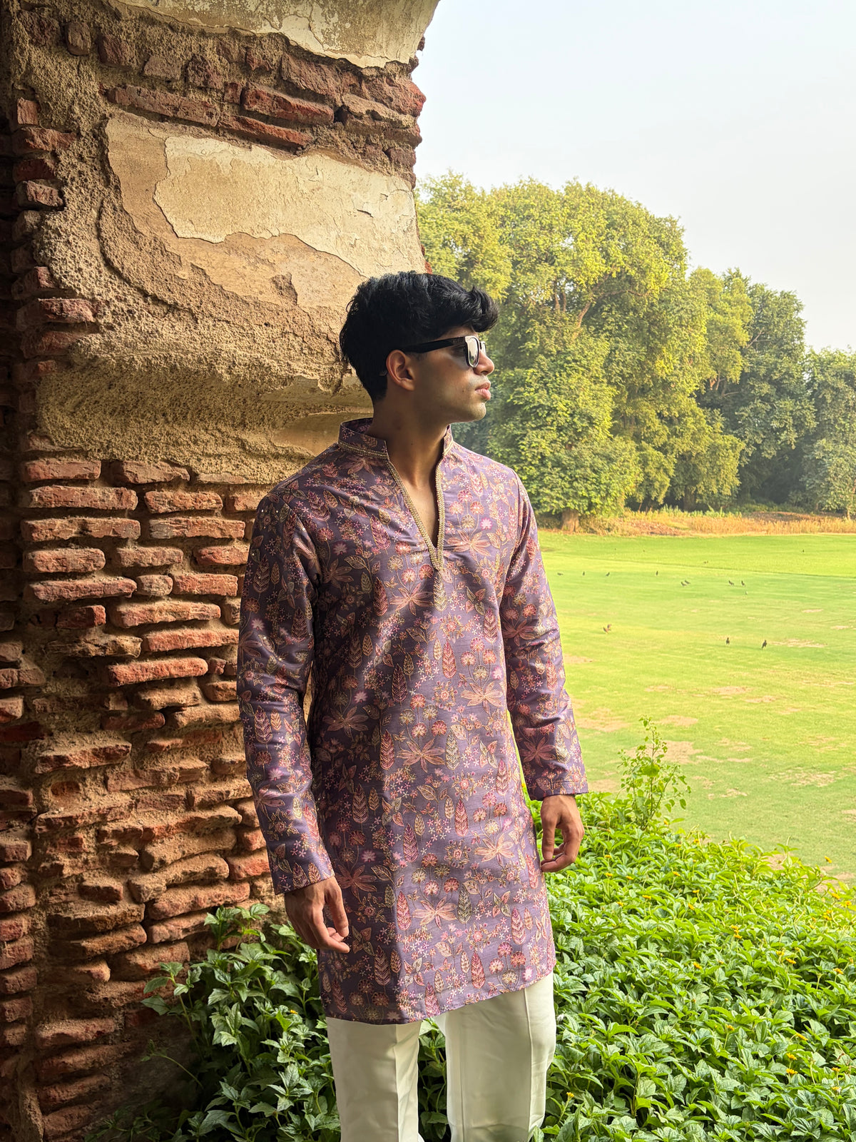 Mauve Floral Printed Men's Kurta
