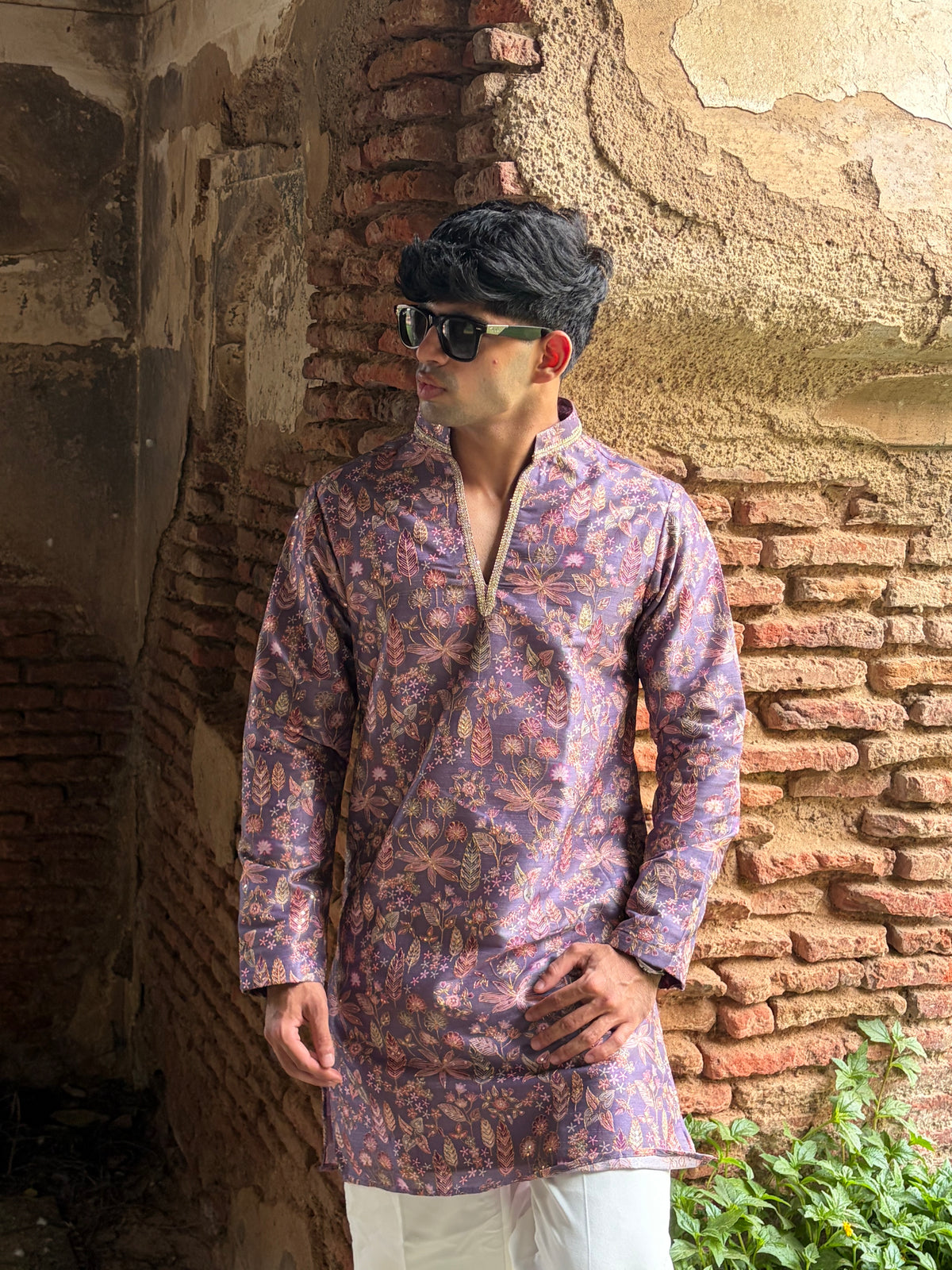 Mauve Floral Printed Men's Kurta