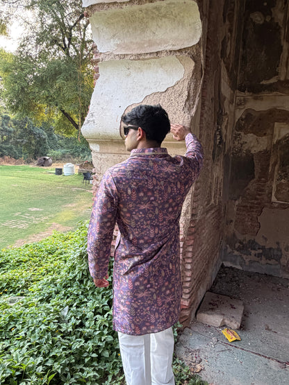 Mauve Floral Printed Men's Kurta