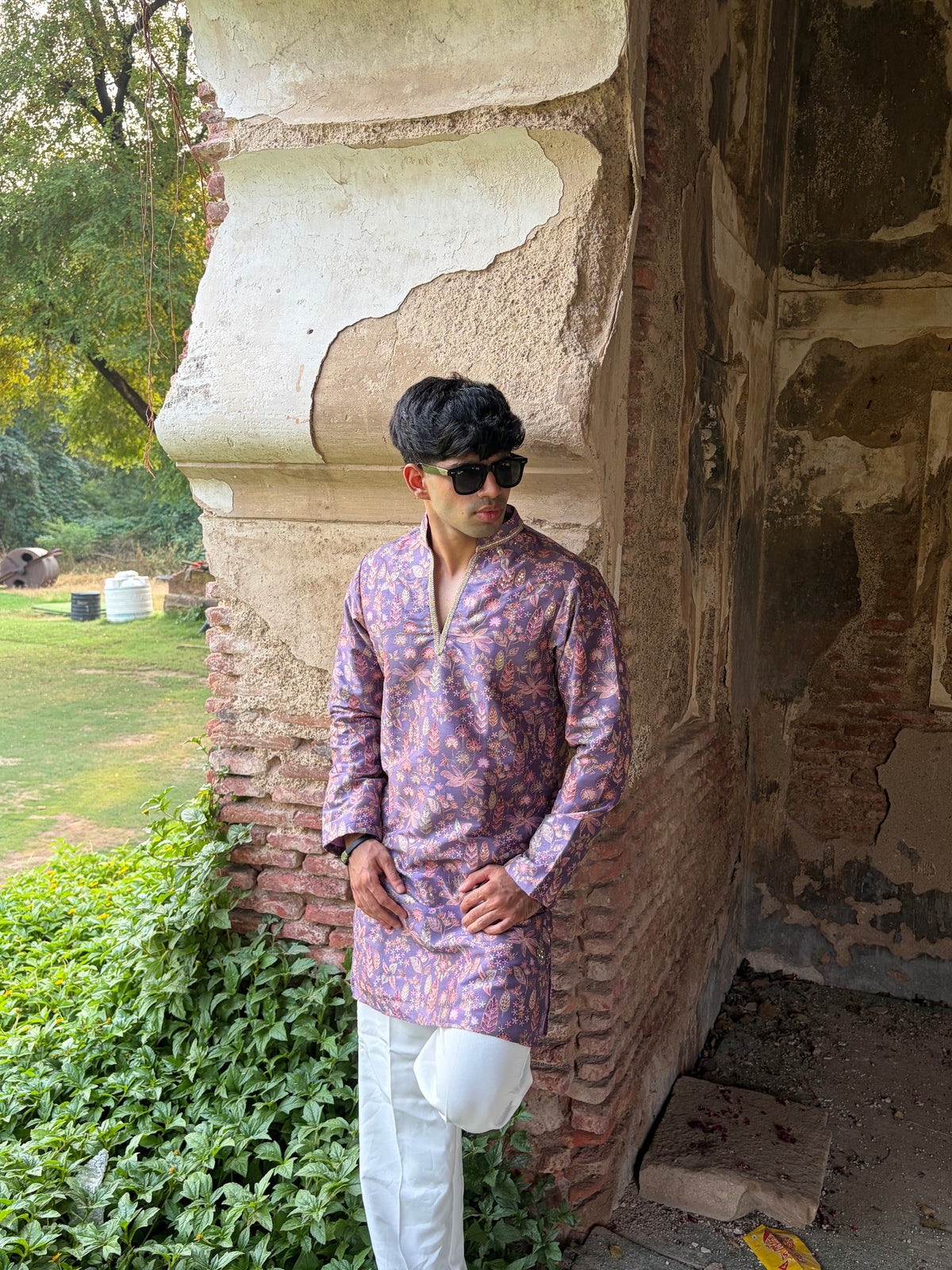 Mauve Floral Printed Men's Kurta