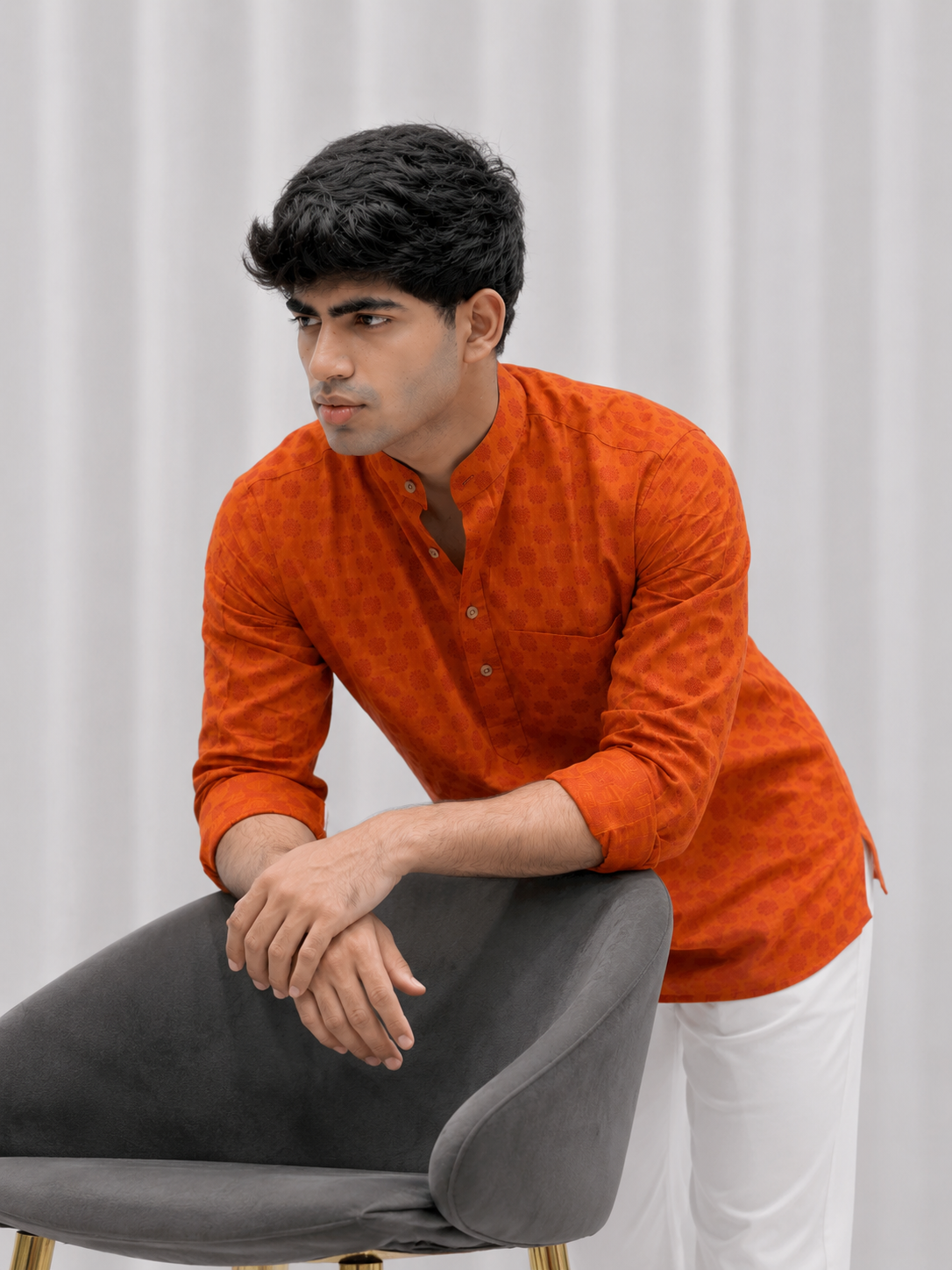 Orange Printed Cotton Linen Short Kurta Only